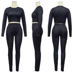 Detailed front side and back views of a two-piece ribbed long-sleeve workout set for women