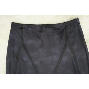 Close-up of black ribbed fabric showing detailed geometric band design on high waist