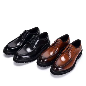 Glossy black and brown men's formal leather shoes with chunky soles for business