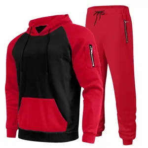Men's two-piece red and black fleece tracksuit featuring a hooded sweatshirt and joggers.