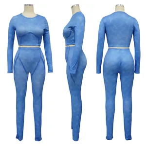 Detail view of blue ribbed long sleeve crop top and leggings set from three angles