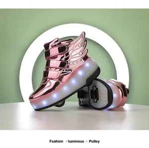 Detail of pink metallic LED roller shoes with wings and retractable wheel for kids