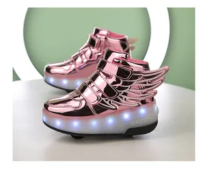 Kids pink metallic light-up roller shoes with wing design and LED flashing soles