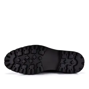 Detailed macro shot of the durable lugged rubber sole on men's black leather dress shoes