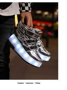 Close-up of silver kids' roller shoes featuring winged design and glowing LED soles