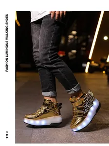 Golden LED luminous roller shoes for kids with decorative wings side view