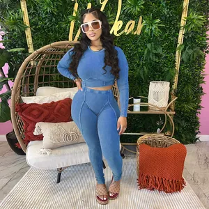 Detailed view of women's blue ribbed two-piece set with long sleeve top and leggings