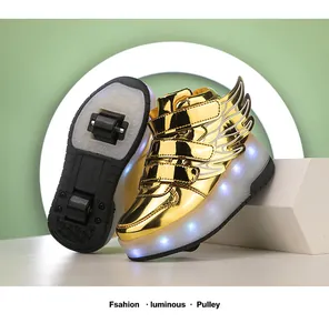Close-up detail of golden metallic LED roller shoes with stylish wings and wheels