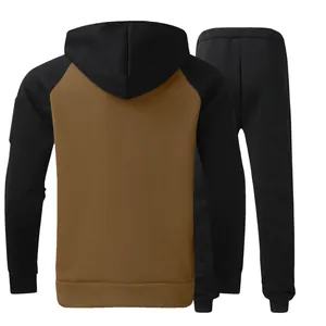 Rear view of men's two-piece tracksuit featuring a brown fleece hoodie and black pants