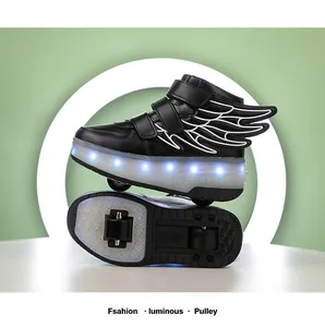Detailed view of kids black LED light-up roller shoes with wings and dual wheels