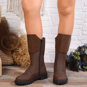 Brown mid-calf knight boots for women featuring a side zipper and low heel detail