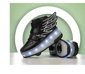 Detail view of black LED roller shoes for kids featuring white wings and wheels