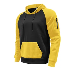 Premium two-tone black and yellow men's fleece hoodie featuring a sleeve zipper pocket detail.