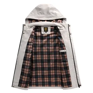 Wasserdichte Herren-Outdoor-Jacke mit Kapuze und klassischem Karofutter in Hellgrau