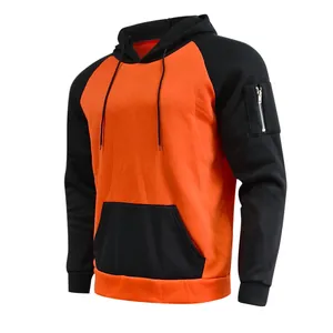 Detailed view of men's contrast color hoodie with functional sleeve zipper pocket