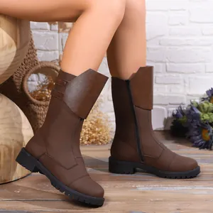 Women Mid-Calf Knight Boots Microfiber Leather Square Toe Retro Low Block Heel Side Zipper Non-Slip Casual Fashion Footwear