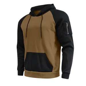 Detailed view of color-block men's fleece hoodie featuring a functional sleeve zipper