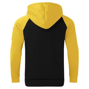 Back view detail of a men's fleece-lined hoodie featuring yellow and black color-blocking
