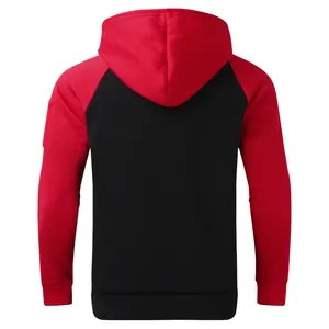 Detailed back view of a men's casual fleece hoodie in red and black contrast colors