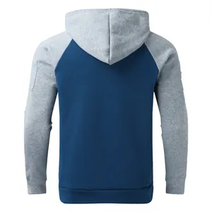 Detailed back view of a men's grey and blue color-block fleece hooded sweatshirt