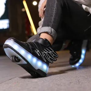 Children's black LED roller sneakers featuring wings design and retractable skating wheels
