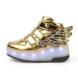 Shiny gold LED light-up roller shoes for kids featuring decorative wing design and glowing soles