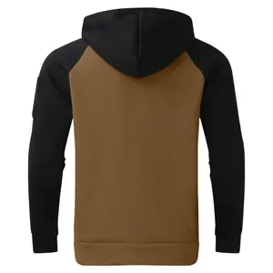 Back view of men's contrast color hoodie featuring black raglan sleeves and a brown body