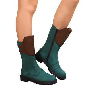 Stylish women's green mid-calf knight boots with brown collar and side zipper detail