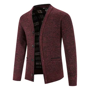 Classic men's thickened V-neck knit cardigan sweater in a dark burgundy marl finish