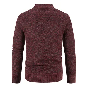 Back view of men's burgundy knit sweater with textured marl pattern and ribbed hem
