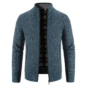Detail shot of men's blue marl thickened knit cardigan with stand collar and zipper.