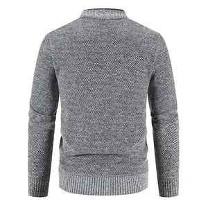 Back view of a men's grey textured knitted cardigan with ribbed hem