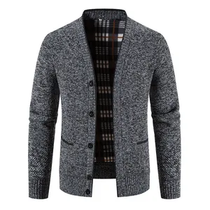 Front detail of men's thick grey knitted V-neck cardigan with stylish plaid lining