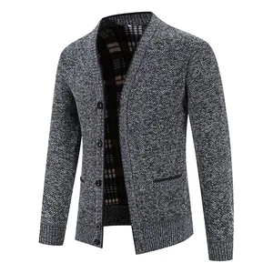 Men's thick knitted cardigan with V-neck, grey marl texture and plaid fleece lining