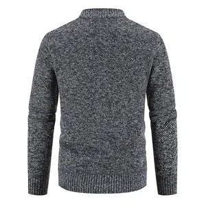 Back view of a men's thickened grey marled knit cardigan sweater with ribbed hem