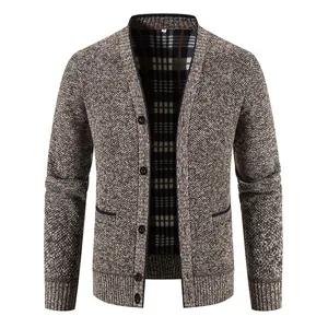 Men's thickened V-neck knitted cardigan jacket with warm plaid fleece lining