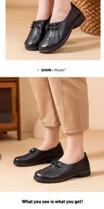 Detalle de zapatos negros cómodos de estilo étnico retro para mujeres de edad