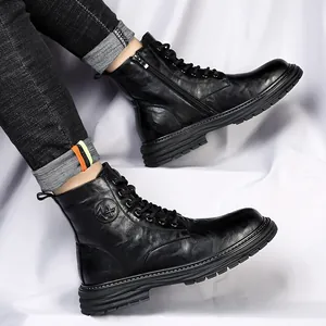 Close-up of men's black leather high-top Martin boots with fleece lining and thick soles.