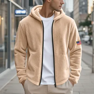 Sweat à capuche en polaire beige pour homme avec fermeture éclair et écusson drapeau USA