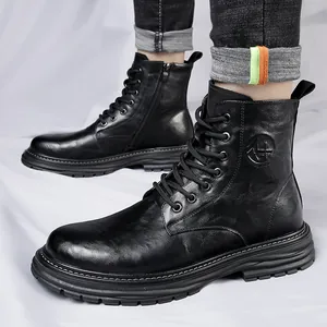 Classic black leather Martin boots for men with high-top lace-up design and thick sole