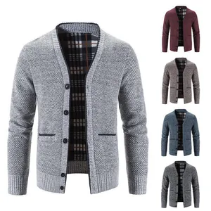 Men's V-Neck Knitted Cardigan Sweater Thickened Winter Jacket With Checkered Lining Casual Polyester Button Up Outerwear