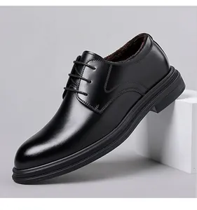Close-up of black leather men's dress shoes with warm plush lining and thick sole