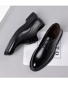 Detailed view of men's black cowhide leather dress shoes with thick warm fleece lining