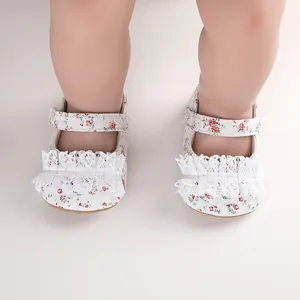 Sweet baby floral walking shoes featuring delicate lace trim and easy hook-and-loop strap