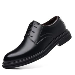 Elegant black leather men's dress shoes with warm fur lining and 6cm height boost