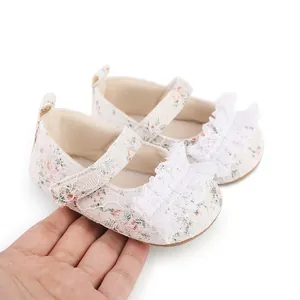 Floral lace baby walking shoes with ruffle detail for infants aged 0-1 year.