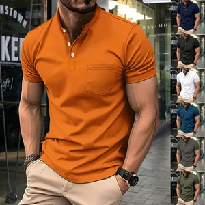 Polo da uomo slim fit a maniche corte con taschino e colletto alla coreana in vari colori