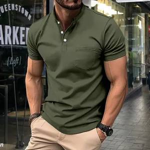 Detail view of men's olive green casual polo shirt with chest pocket and button neck