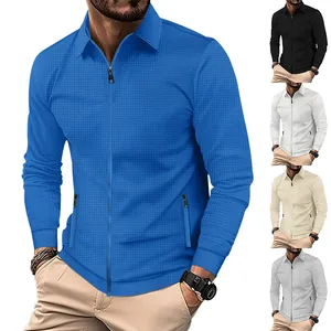 Veste pour Hommes à Texture Gaufre Revers Fermeture Éclair Décontracté High Street Automne Extérieur Mélange Polyester Manteau
