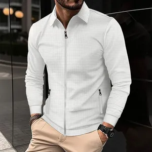 Veste pour hommes en maille gaufrée blanche avec fermeture éclair et col polo manches longues